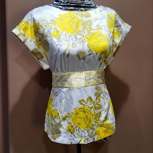 Yellow Floral Silky Tieback Blouse with Deep V Back